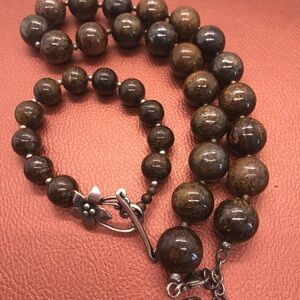 Silpada Brown flecked Bronzite Stone Necklace, Bracelet & earring set